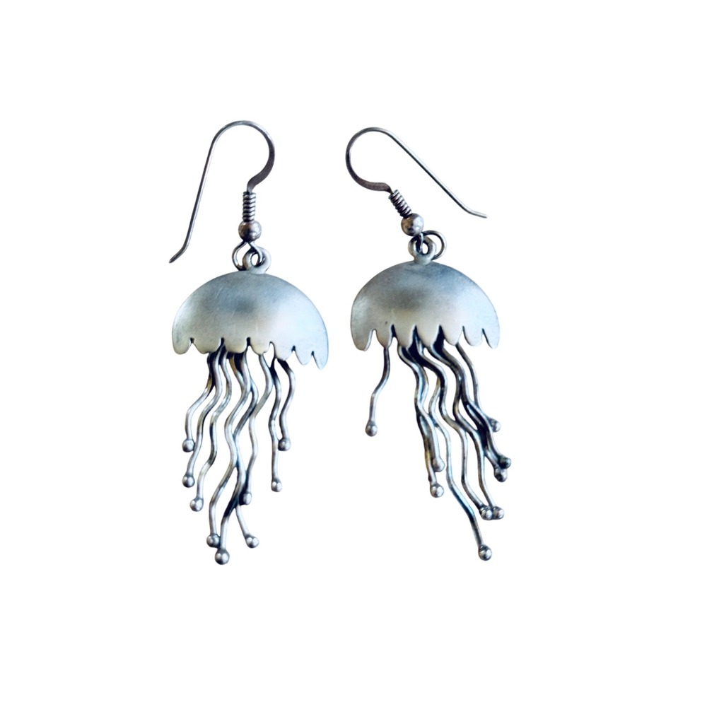 VTG Sterling Silver 925 Jellyfish Dangle Earrings Modernist Brutalist Artisan